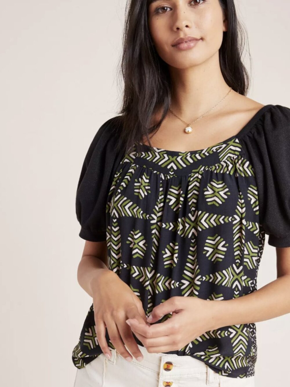 Maeve Black Top with Olive and Cream Geometric Print